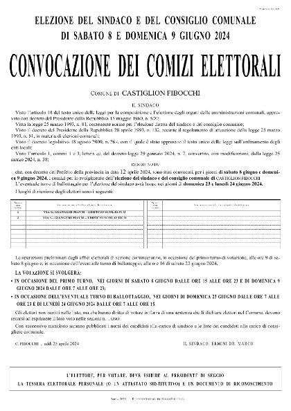 Convocazione Comizi Elettorali per elezioni del Sindaco e del Consiglio Comunale - 8/9 giugno 2024