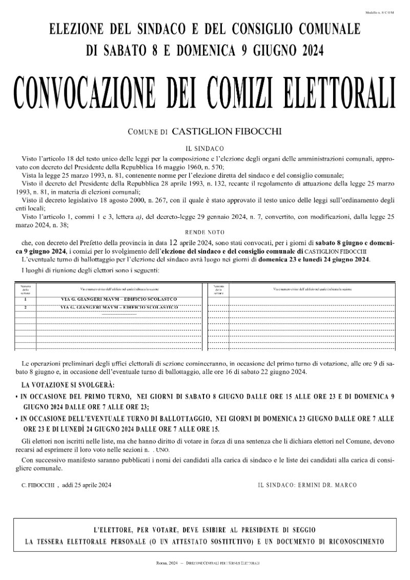 Convocazione comizi elettorali per elezione del Sindaco e del Consiglio Comunale 8/9 giugno 2024