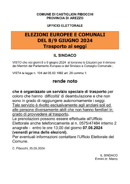 Elezioni 8/9 Giugno 2024 - Trasporto ai seggi