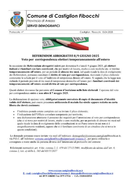 REferendum 8/9 giugno 2025 - Espressione di voto per elettori che si trovano temporaneamente all'estero