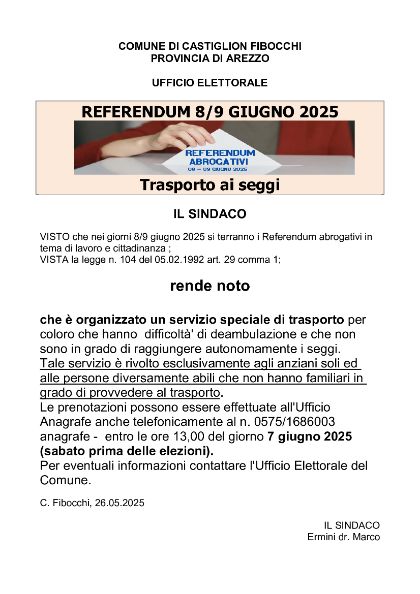 Referendum 8/9 giugno 2025 - Trasporto ai seggi Referendum 8/9 giugno 2025 - Trasporto ai seggi