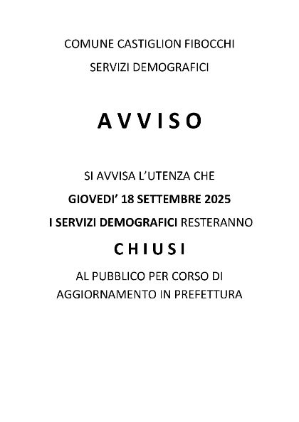 Chiusura al pubblico servizi demografici - giovedì 18 settembre 2025 Chiusura al pubblico servizi demografici - giovedì 18 settembre 2025
