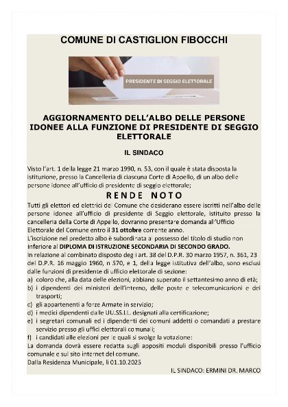 Aggiornamento Albo Presidenti di seggio elettorale per l'anno 2026 Aggiornamento Albo Presidenti di seggio elettorale per l'anno 2026