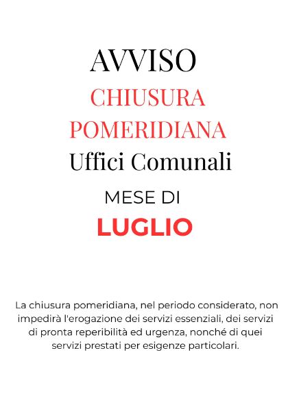 CHIUSURA POMERIDIANA UFFICI COMUNALI