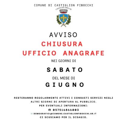 CHIUSURA UFFICIO ANAGRAFE NEI GIORNI DI SABATO DEL MESE DI GIUGNO
