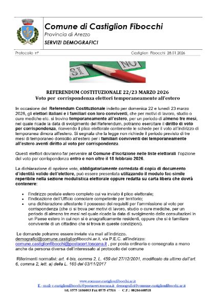 Referendum 22/23 mazo 2026 - modalità per il voto elettori temporaneamente all'etsro