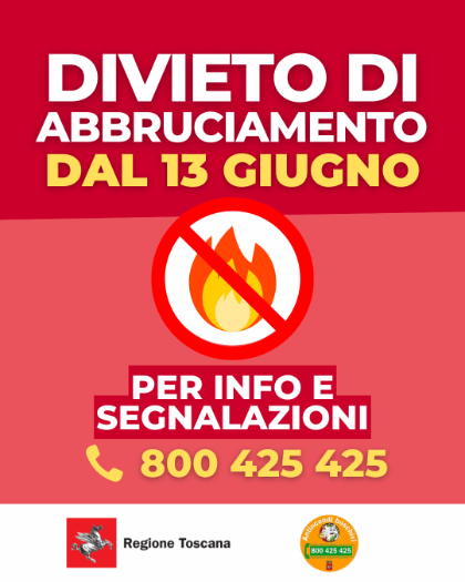 DIVIETO ASSOLUTO DI ABBRUCIAMENTO RESIDUI VEGETALI  DAL 13 GIUGNO AL 31 AGOSTO 2026