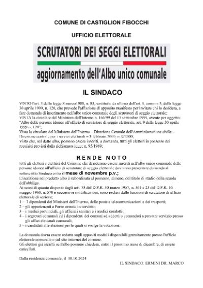 Aggiornamento Albo scrutatori di seggio per l'anno 2026