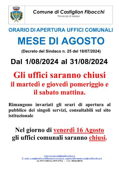 Orari uffici comunali mese di agosto 2024