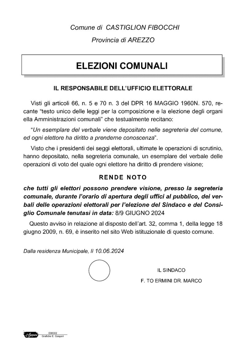 elezioni comunali 8/9 giugno 2024 -  deposito verbali in segreteria