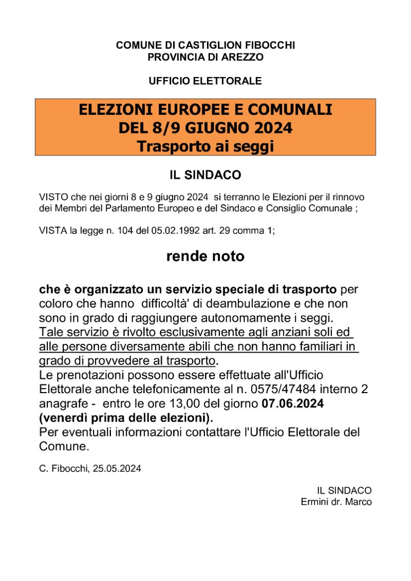 ELEZIONI 8/9 GIUGNO 2024 - TRASPORTO AI SEGGI 