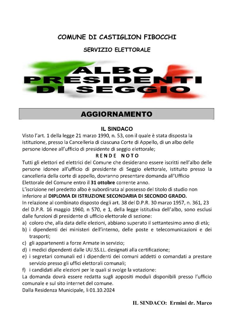 Aggiornamento Albo Presidenti di segggio elettorale