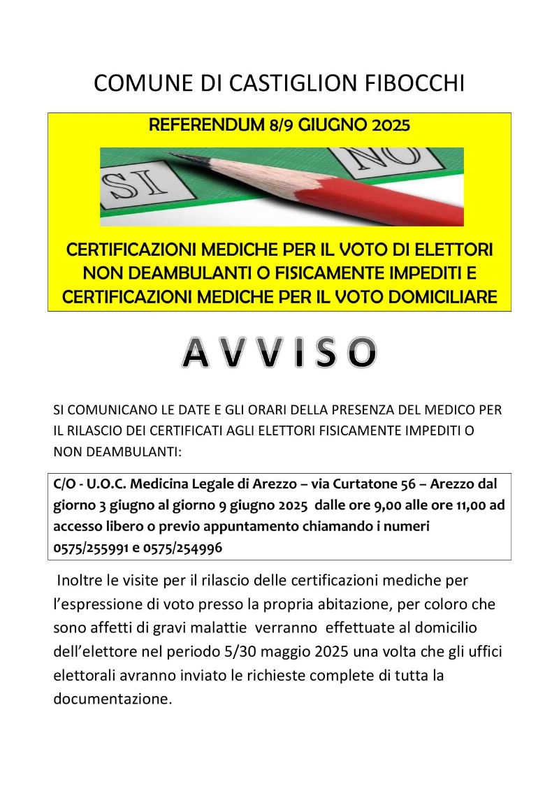 Referendum 8/9 giugno 2025 - certificazioni mediche per il voto di elettori non deambulanti o fisicamente impediti e certificazioni mediche per il voto domiciliare