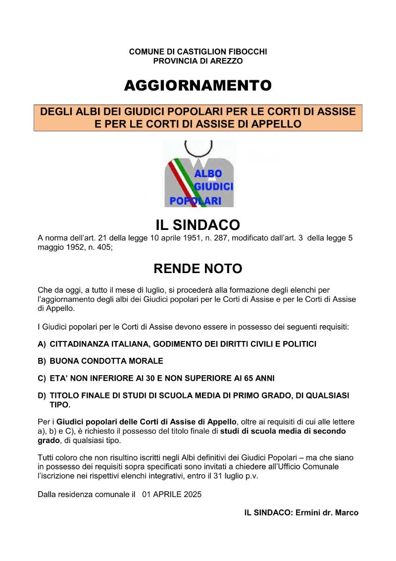 Aggiornamento Albi  dei Giudici Popolari per la Corte di Assise e Corte di Assise Appello