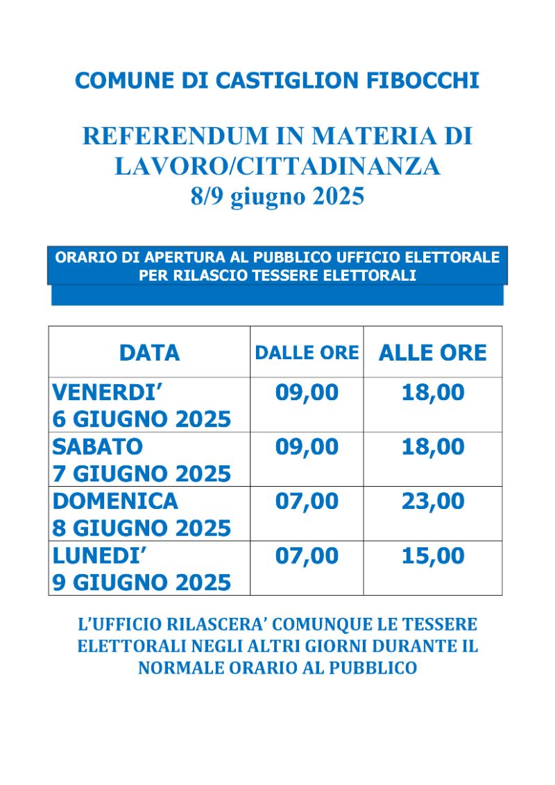Referendum 8/9 giugno 2025 - orario apertura ufficio elettorale per rilascio tessere