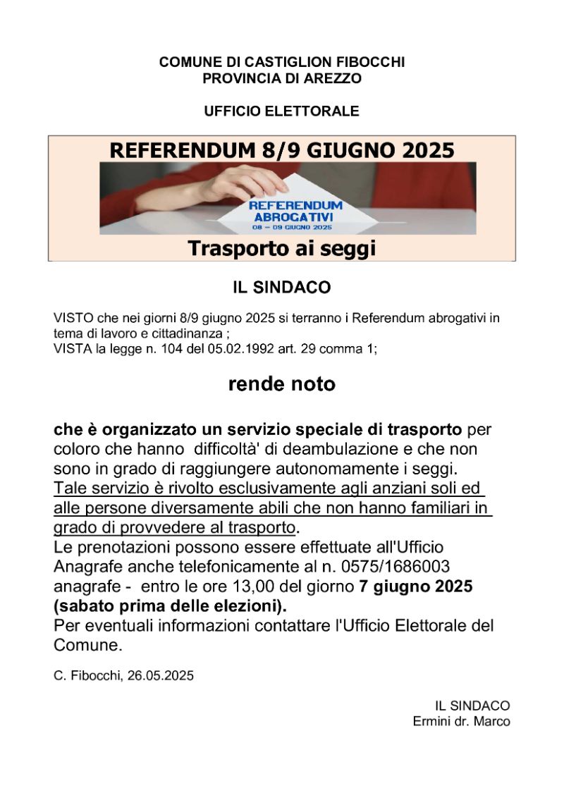 Referendum 8/9 giugno 2025 - Trasporto ai seggi