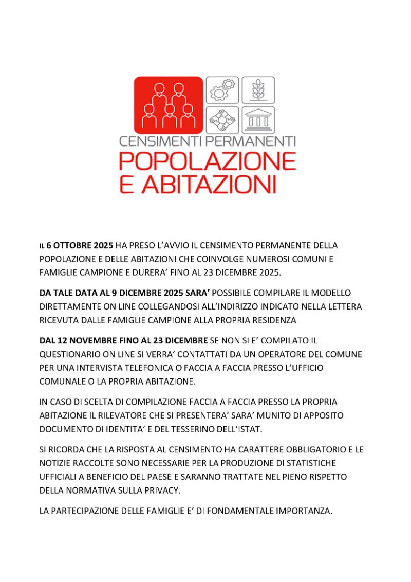 Censimento permanente della popolazione e delle abitazioni - anno 2025