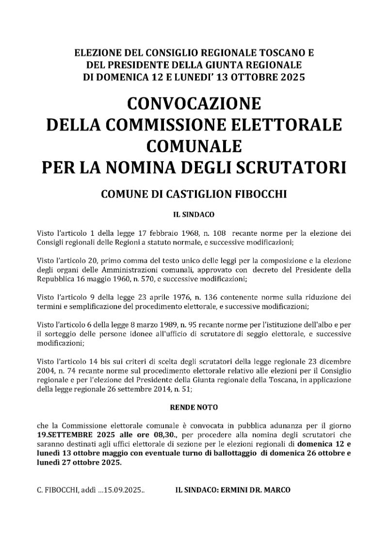 Elezioni Regionali 12/13 ottobre 2025 - Convocazione Commissione per la nomina degli scrutatori