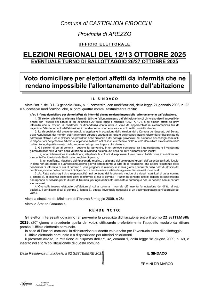 Elezioni Regionali del 12/13 ottobre 2025 - voto a dimora per elettori affetti da gravi patologie