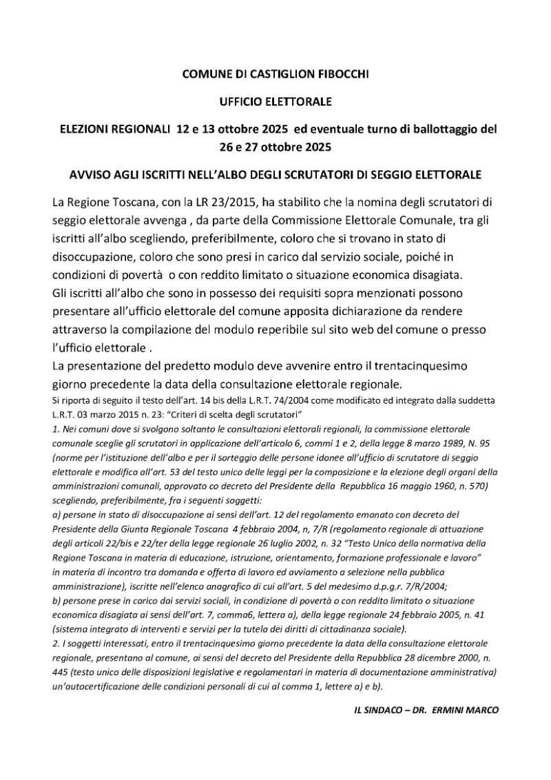 Avviso agli iscritti nell'albo degli scrutatori di seggio elettorale che si trovano in situazioni disagiate
