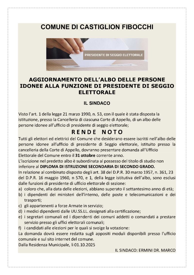 AGGIORNAMENTO ALBO PRESIDENTI DI SEGGIO PER L'ANNO 2026