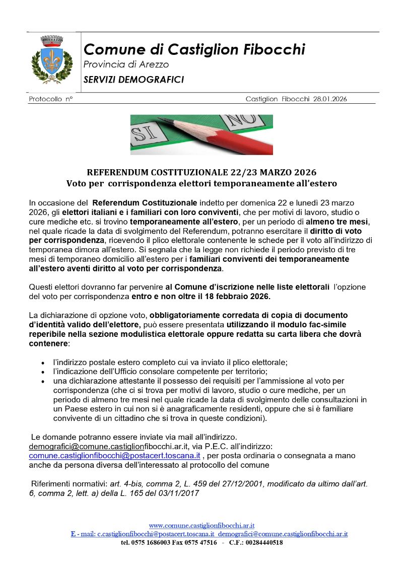 Referendum 22/23 marzo 2026 - Voto elettori temporaneamente all'estero - modalità
