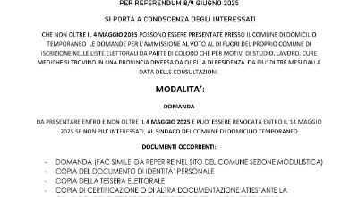 Referendum 8/9 giugno 2025 - Espressione del voto fuori sede Referendum 8/9 giugno 2025 - Espressione del voto fuori sede