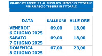 Referendum 8/9 giugno 2025 - orario apertura ufficio elettorale per rilascio tessere
