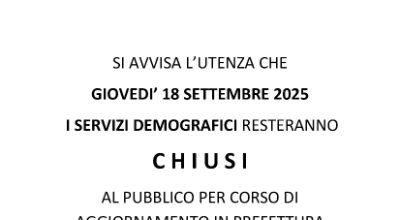 Chiusura al pubblico servizi demografici