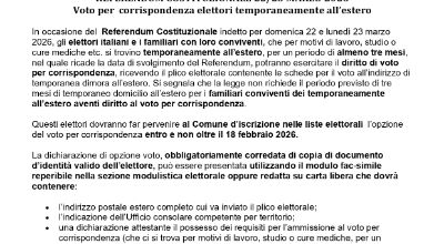 Referendum 22/23 marzo 2026 - Voto elettori temporaneamente all'estero - modalità