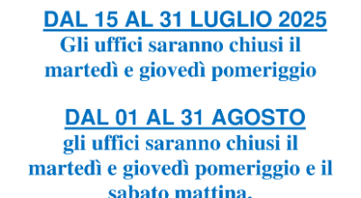 Chiusura uffici comunali pomeriggi Chiusura uffici comunali pomeriggi